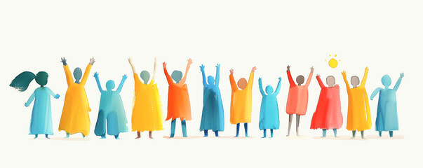 Happy children standing with raising hands in the air. Concept of happy and friendship.