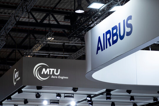 Airbus and engine manufacturer MTU company logos on exhibition at ILA Berlin