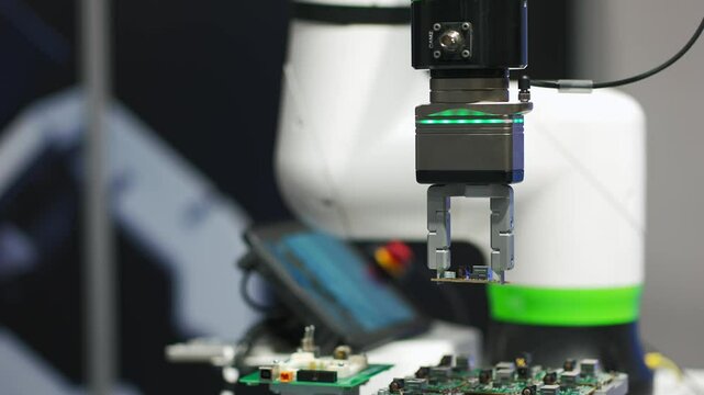 microchip and microprocessor assembly with automated robotic arm factory equipment, electronics and component installation on circuit board