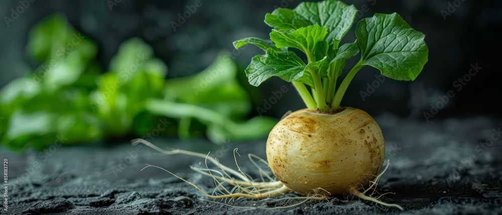 Wall mural A single fresh turnip is placed against a textured black background, highlighting its earthy tones and natural beauty in a simple yet striking presentation.