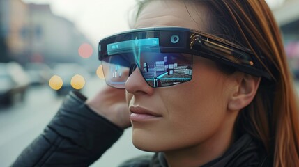 Person wearing smart glasses with heads-up display of city navigation
