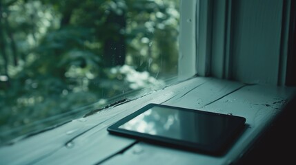 Dark tablet resting on window ledge