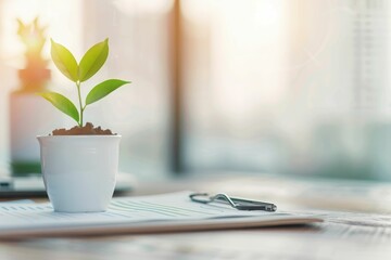 Small plant on desk with documents.