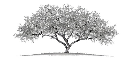 A black and white line art of a tree, featuring intricate branches and leaves, isolated on a clean white background.