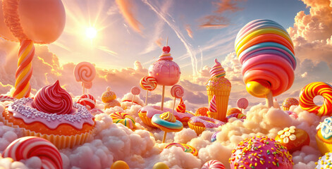 Delicious candies and cakes floating in the clouds