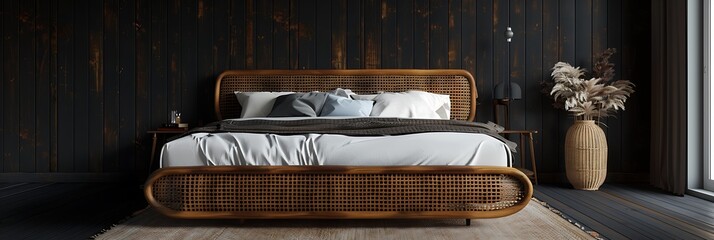 Dark bedroom interior mockup, wooden rattan bed on empty dark pine wall background, Scandinavian style, 3d render