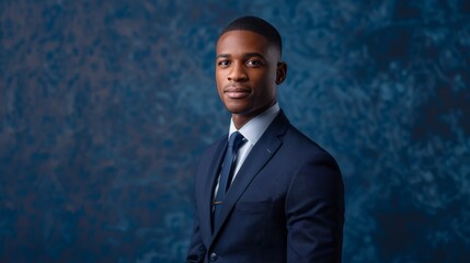 Portrait of a man in a navy suit with a matching blue textured background