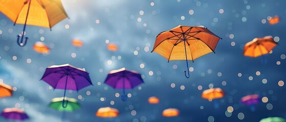 A vibrant, colorful umbrella provides protection from rain and sun, with shades of blue and orange enhancing its decorative appeal in various weather conditions.