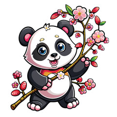 Obraz premium cute panda with Sakura branch white background