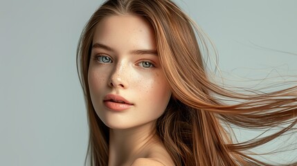 Naklejka premium portrait of a beautiful young woman with long hair flying hair gray background