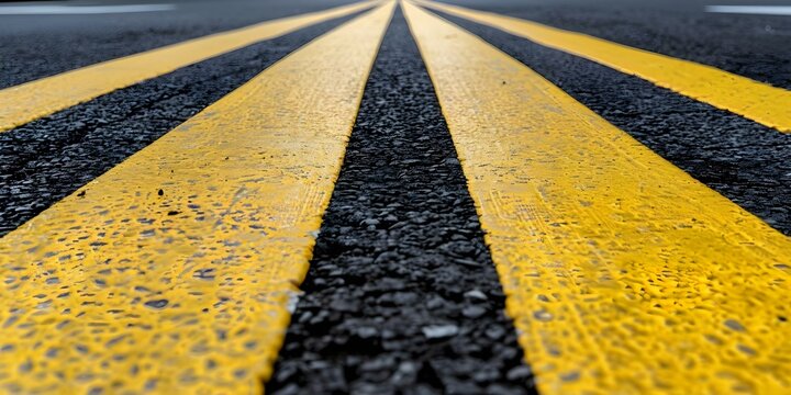 Closeup of yellow road marking on asphalt creating parking space. Concept Road Markings, Parking Spaces, Yellow Lines, Asphalt, Closeup Shot