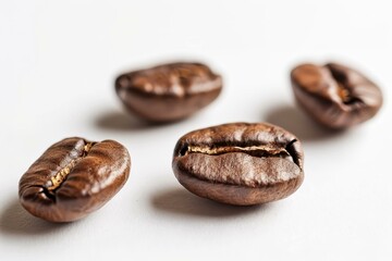 Obraz premium A macro photograph capturing dark roasted coffee beans arranged on a pristine white background, showcasing their texture and details.