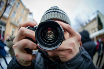 Obraz premium Viewed through the fish eye lens, the enthusiastic photographer's interactions with his camera create a dramatic close-up that underscores his creative energy and skill