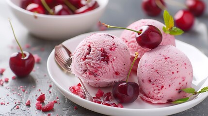 Organic cherry ice cream balls in glass on a white plate very detailed and realistic shape