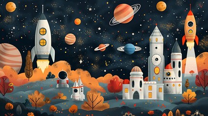 A playful, whimsical illustration of a space-themed scene with astronauts, rockets, and planets, ideal for children's books and educational materials. Illustration, Minimalism,