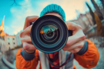With the fish eye lens distorting the surroundings, the close-up of the enthusiastic photographer shows him passionately engaged with his camera, every detail of his concentration magnified
