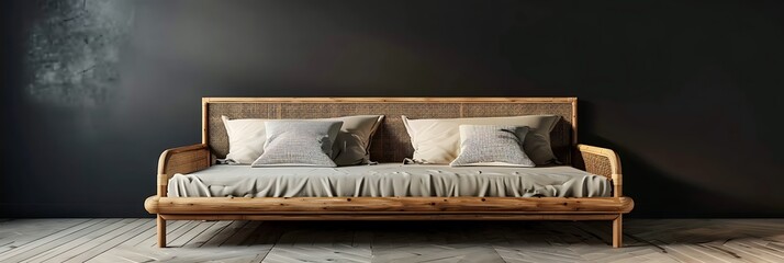 Dark bedroom interior mockup, wooden rattan bed on empty pitch black wall background, Scandinavian style, 3d render