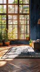 A modern bedroom with a blue wall and a wicker headboard, bathed in warm sunlight