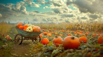 Beautiful decoration pumpkin in field in farm in Autumn