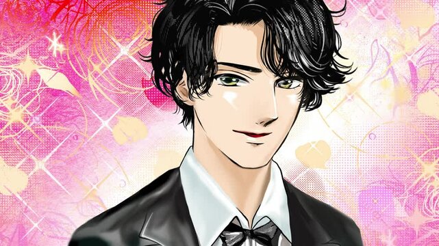 黒髪の韓国アイドル風イケメン男性執事が話すアニメーション花吹雪背景	