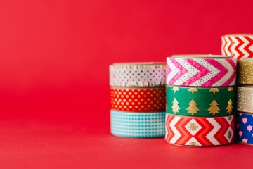Obraz premium colorful rolls of washi tape, stacked haphazardly against a bright red background