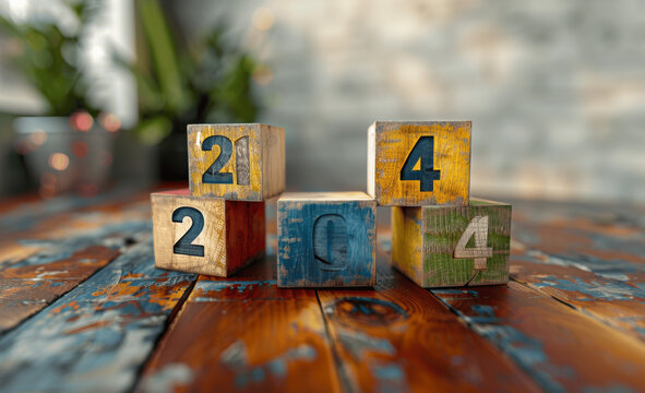 3D Rendering of Colorful Wooden Cubes with 2024 Text on Table - New Year Creative Design