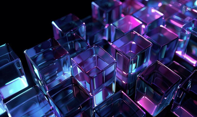 3D Abstract Geometric Glass Cubes in Blue and Purple on Black Background