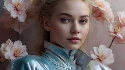 Romantic profile of a gentle young woman on background made of reflective plastic materials, colors change with viewing or illumination geometry, futuristic iridescent concept