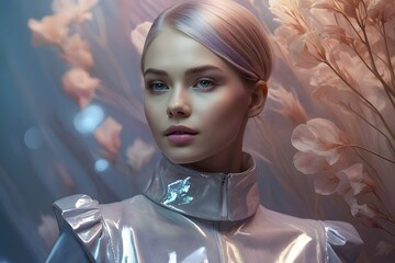 Romantic profile of a gentle young woman on background made of reflective plastic materials, colors change with viewing or illumination geometry, futuristic iridescent concept