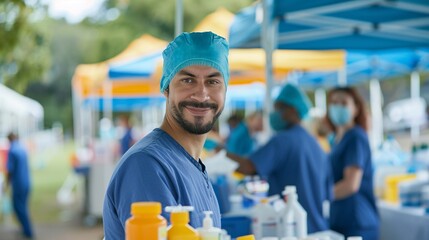 Scene of a public health fair with booths offering liver health information, hepatitis screenings, and educational resources to raise awareness