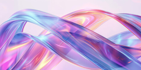 3D Render of Futuristic Iridescent Ribbons on Light Background with Abstract Lines and Shapes