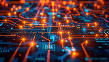 Futuristic blueprint of a digital network with glowing lines and nodes for connections and data exchange.