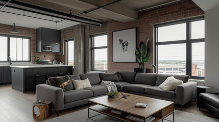 Fototapeta premium Industrial loft living room Frame Mockup | Gray sectional sofa with cushions | Wooden coffee table with decor | Black kitchen cabinetry with island | Exposed brick walls and large windows | 