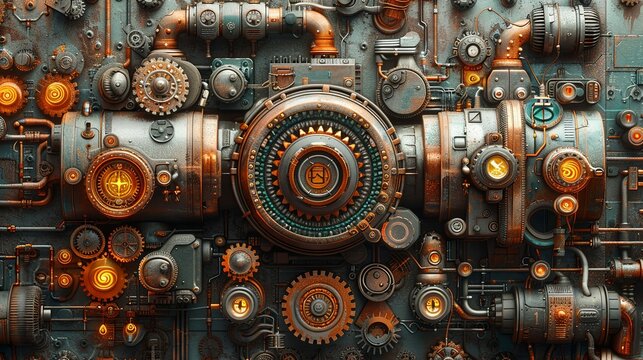 An intricate, detailed illustration of a steampunk machine, with gears, cogs, and metallic elements, perfect for sci-fi and fantasy genres. Illustration, Minimalism,