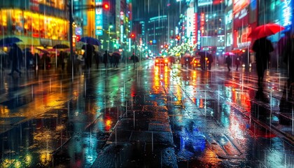 Obraz premium Dynamic City in Heavy Rain with Reflective Ground and Moving Umbrellas - AI generated digital art