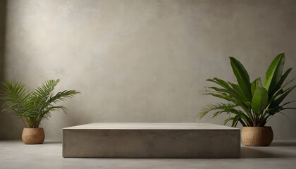 CONCRETE STONE PODIUM WITH TROPICAL FOLIAGE