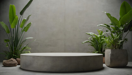 CONCRETE STONE PODIUM WITH TROPICAL FOLIAGE