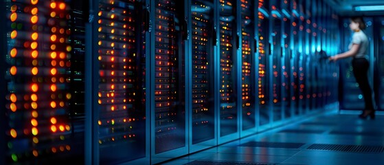 data center, cloud scale resources up or down based on demand, optimizing the workforce with servers, computers, racks, and data technology in a modern datacenter environment.