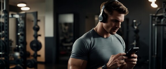 Man in home gym checking workout playlist