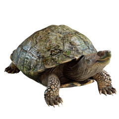 Obraz premium Close-up image of a turtle with a textured shell and detailed features, isolated on a white background.