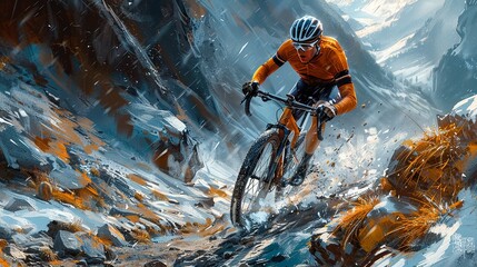 A dynamic, sports-themed illustration of a cyclist racing through a mountain trail, capturing the intensity and excitement of outdoor sports and adventure. Illustration, Minimalism,