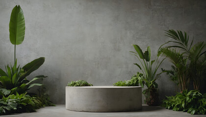 CONCRETE STONE PODIUM WITH TROPICAL FOLIAGE