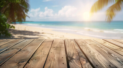 Fototapeta premium Empty wooden table with tropical beach background for montage or display your products, Beach product mockup concept.