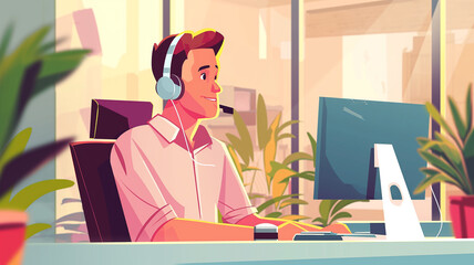 Business animation concept. Animation of male employee working in customer relations service. Public relations worker. Call service