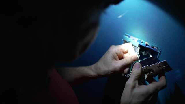Over the shoulder view of woman putting wire nuts on electrical wires installing a light switch in a home improvement project.