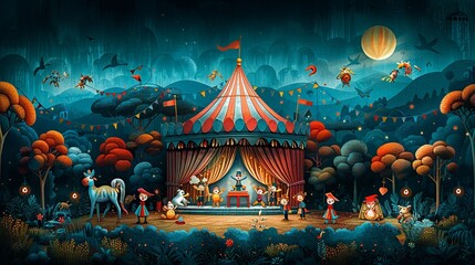 A playful, colorful illustration of a circus scene, with clowns, acrobats, and animals performing under a big top tent, capturing the excitement and wonder of the circus. Illustration, Minimalism,