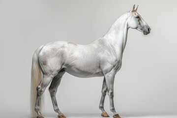 Fototapeta premium the beside view Arabian Horse standing, left side view, white copy space on right isolated on white background