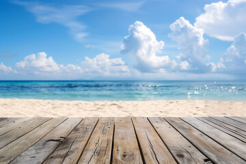 Fototapeta premium Empty wooden table with tropical beach background for montage or display your products, Beach product mockup concept.