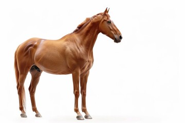 Fototapeta premium the beside view Thoroughbred Horse standing, left side view, white copy space on right isolated on white background