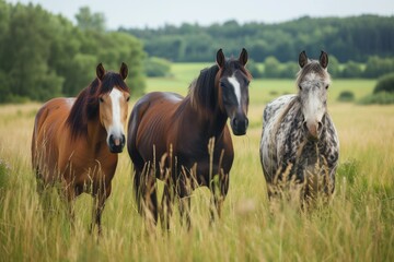 Fototapeta premium View from beside body of a three Appaloosa Horse standing on grass, Awe-inspiring, Full body shot ::2 low Angle View